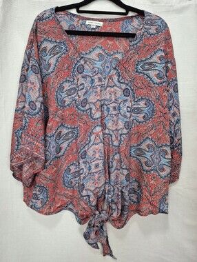 Karma Highway Coastal Blue Paisley Tie-Front Blouse - Red and Blue